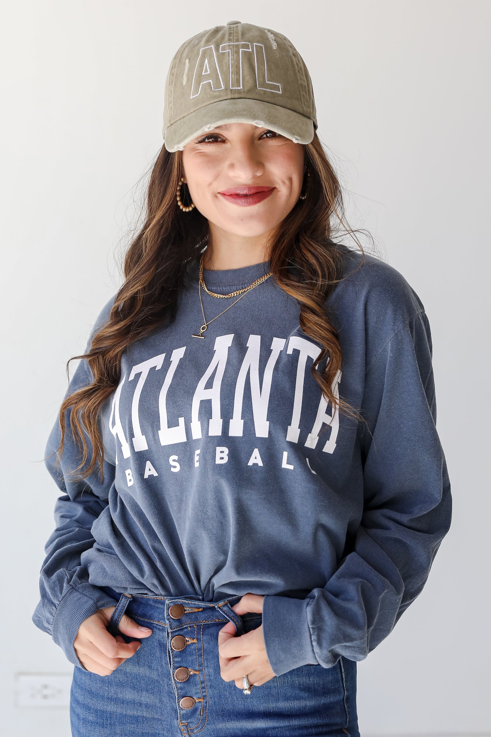 Denim Atlanta Baseball Long Sleeve Tee on model