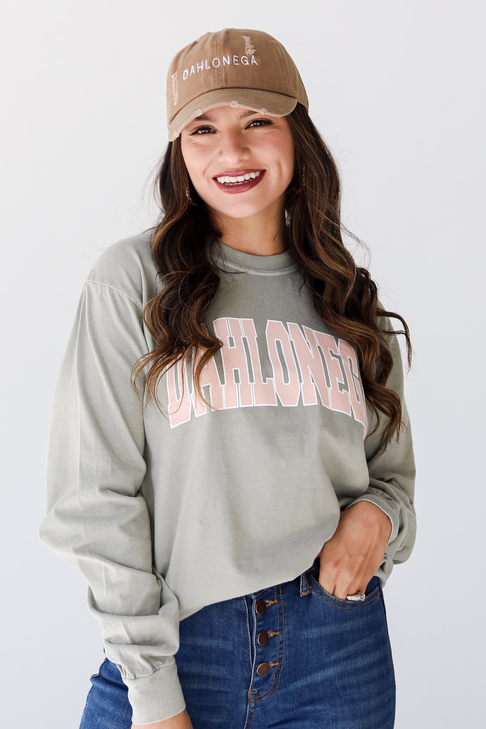 Khaki Dahlonega Long Sleeve Tee on model