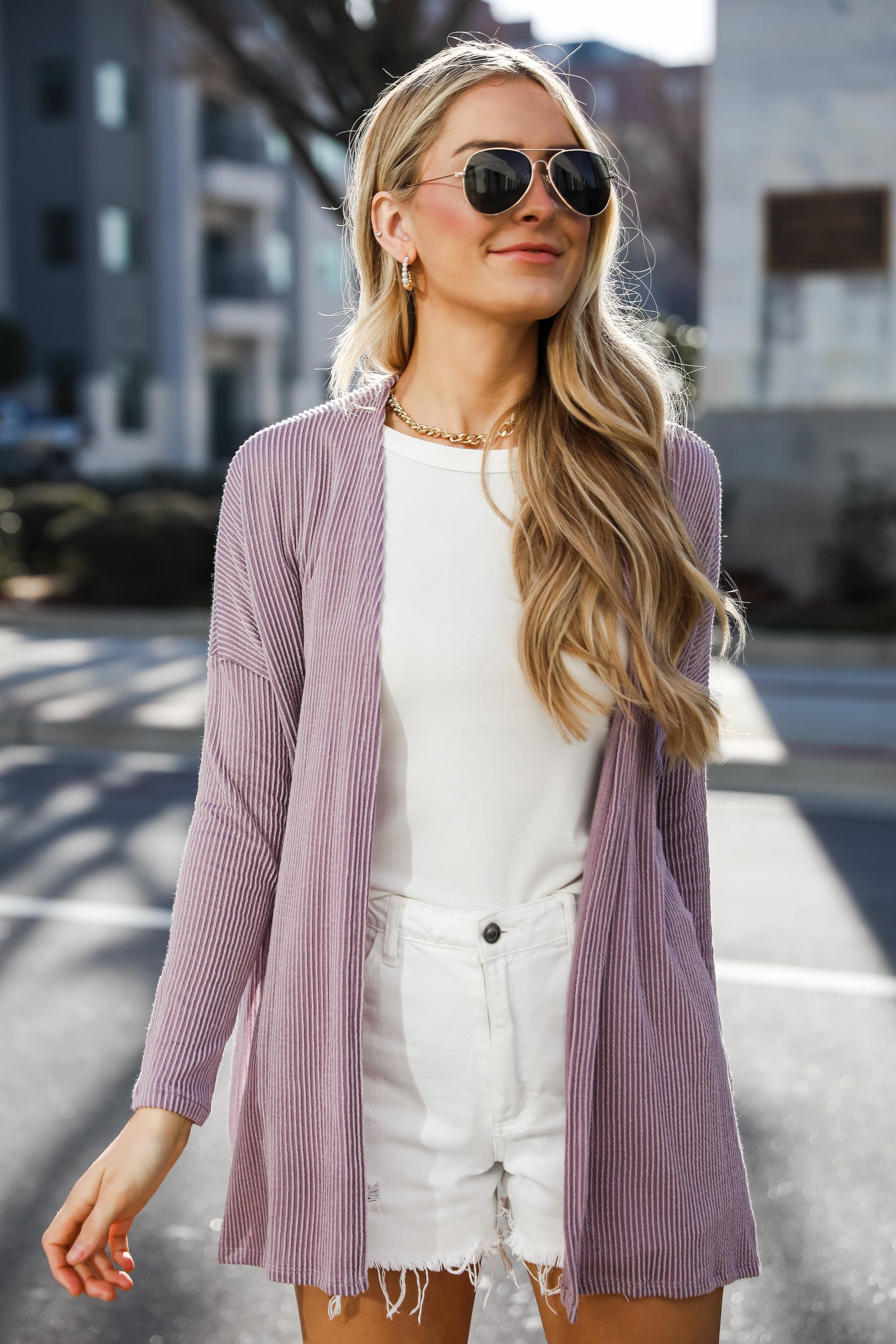 Easygoing Essence Lavender Corded Cardigan