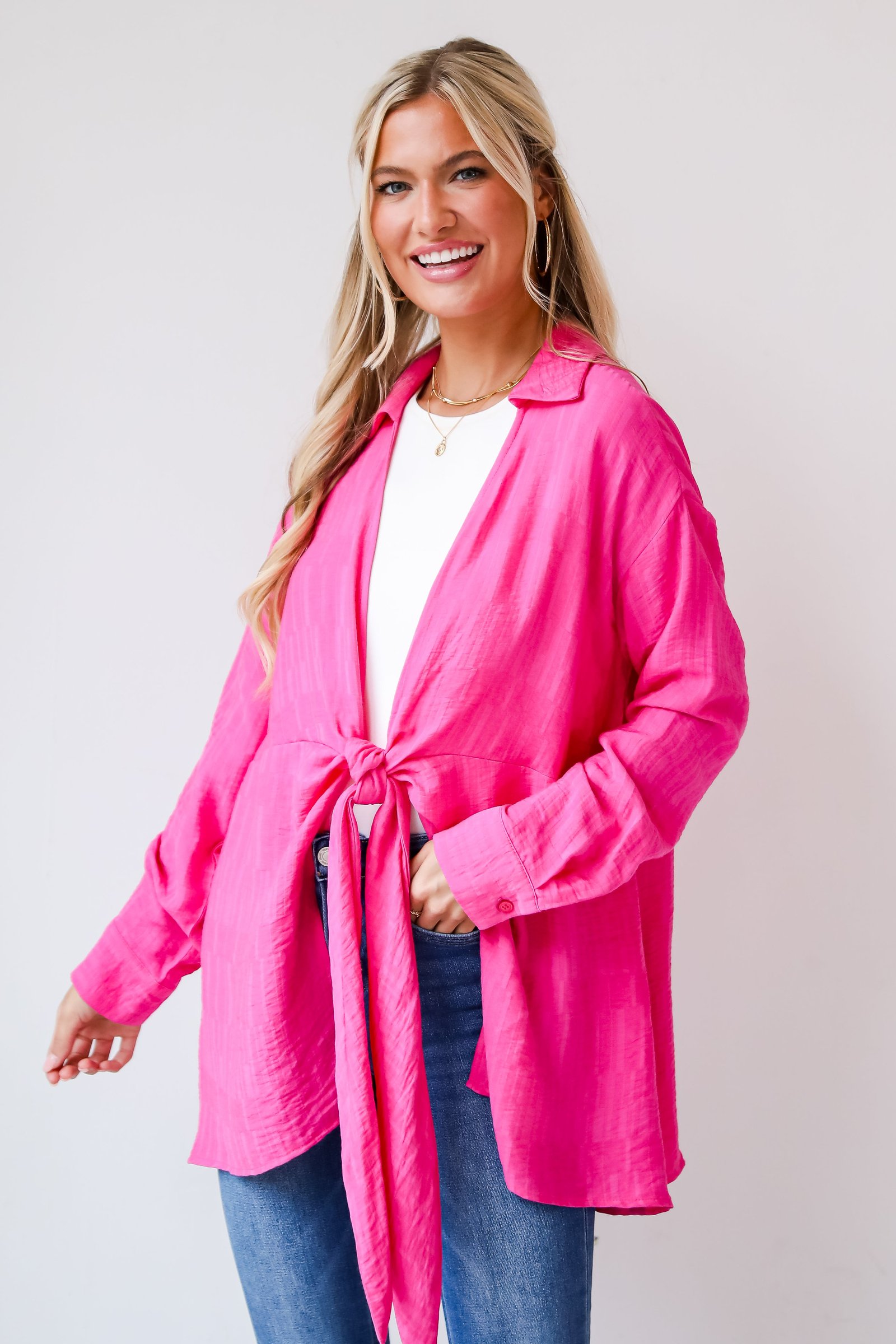 Redefined Elegance Hot Pink Tie-Front Blouse