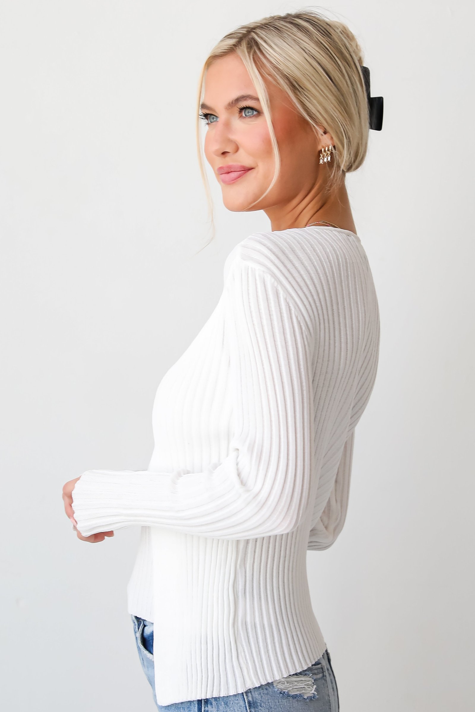 Essential Companion Ivory Ribbed Knit Cardigan Top