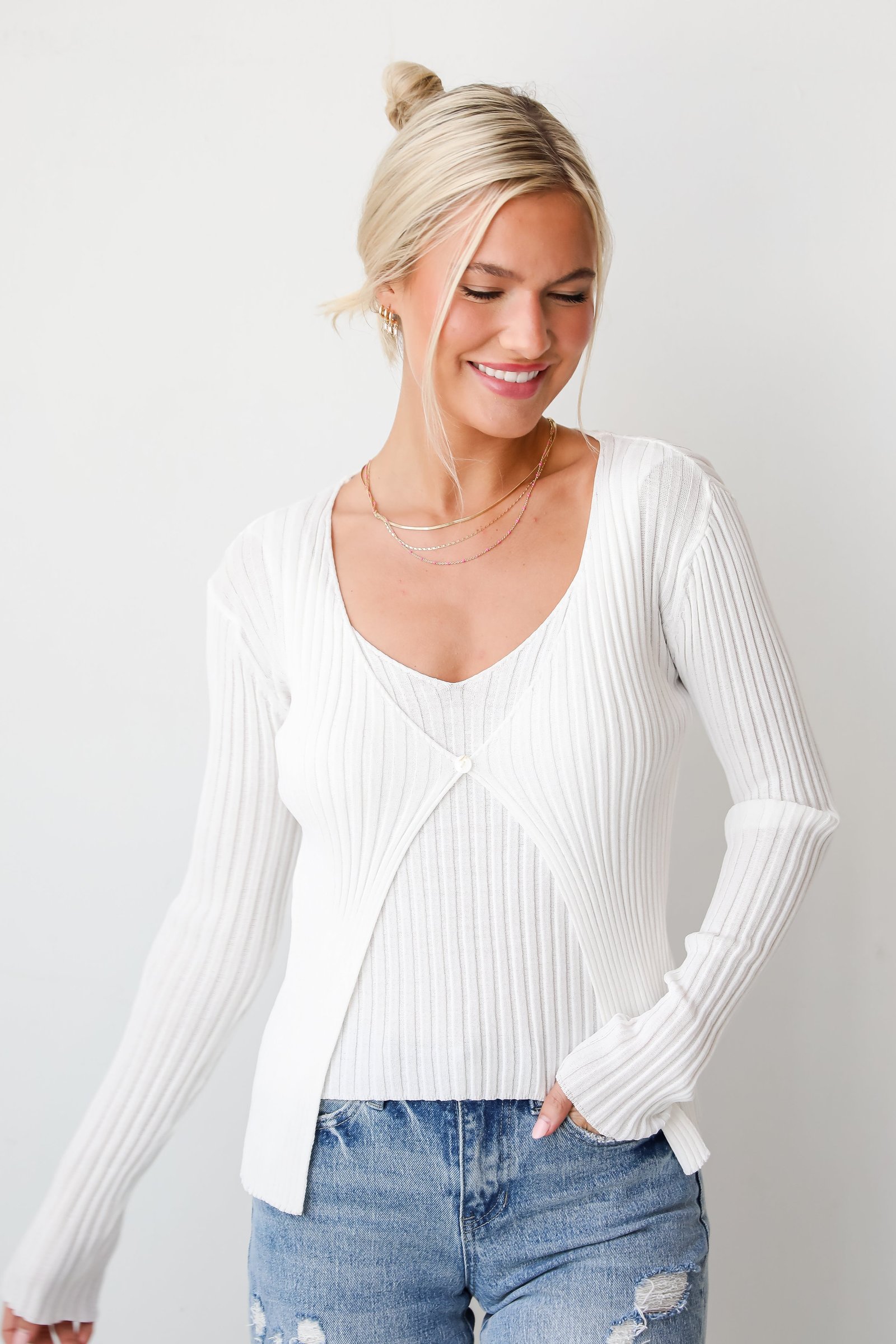 Essential Companion Ivory Ribbed Knit Cardigan Top